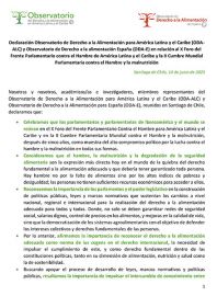 Declaración Observatorio de Derecho a la Alimentación para América Latina y el Caribe (ODA-ALC) y Observatorio de Derecho a la alimentación España (ODA-E) en relación al X Foro del Frente Parlamentario contra el Hambre de América Latina y el Caribe y la II Cumbre Mundial Parlamentaria contra el Hambre y la malnutrición