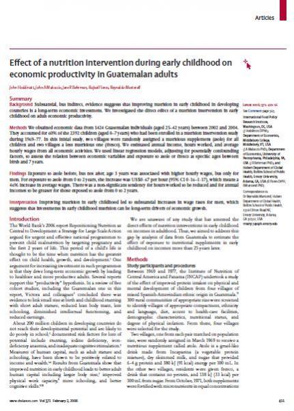 Effect of a nutrition intervention during early childhood on economic productivity in Guatemalan adults
