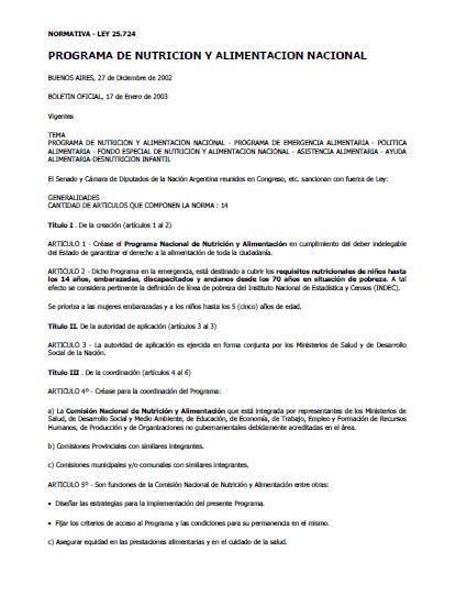 Ley 25.724. Programa de Nutrición y Alimentación Nacional.