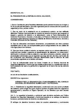 Decreto Nº 63. Normas para la Organización y funcionamiento del Consejo Nacional de Seguridad Alimentaria y Nutricional