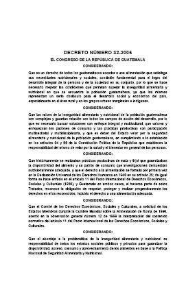 Decreto Número 32-2005. Ley del Sistema Nacional de Seguridad Alimentaria y Nutricional.