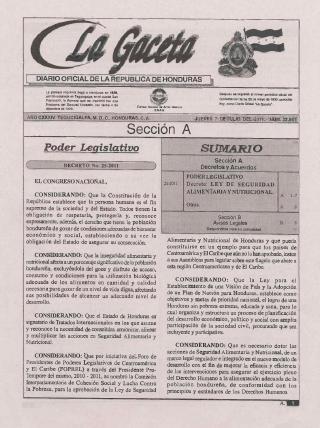 Decreto Nº 25-2011. Ley de Seguridad Alimentaria y Nutricional.