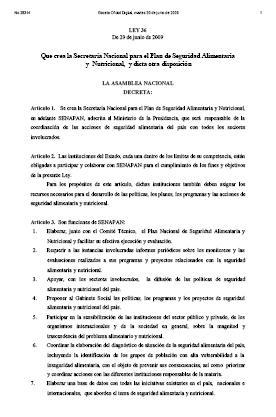 Ley Nº 36. Que crea la Secretaría Nacional para el Plan de Seguridad Alimentaria y Nutricional, y dicta otra disposición.