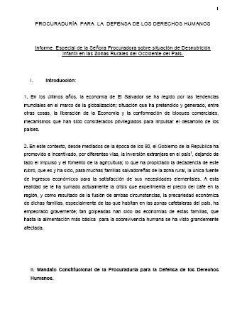 Informe especial de la Señora Procuradora sobre situación de Desnutrición Infantil en las Zonas Rurales del Occidente del País