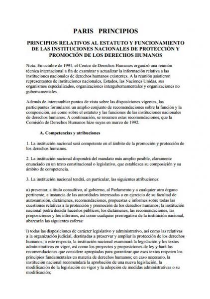 Principio de Paris. Principios relativos al estatuto y funcionamiento de las instituciones nacionales de protección y promoción de los derechos humanos.