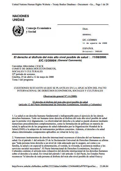 Observación general 14: El derecho al disfrute del más alto nivel posible de salud