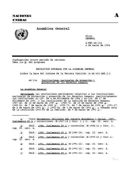 Resolución Aprobada por la Asamblea General: Instituciones nacionales de promoción y protección de los derechos humanos