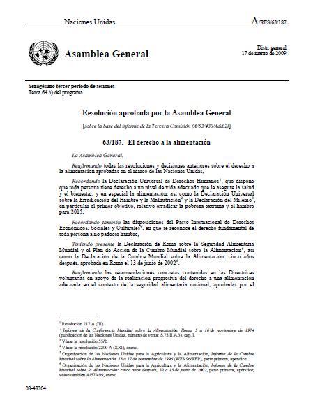 Resolución aprobada por la Asamblea General: El derecho a la alimentación
