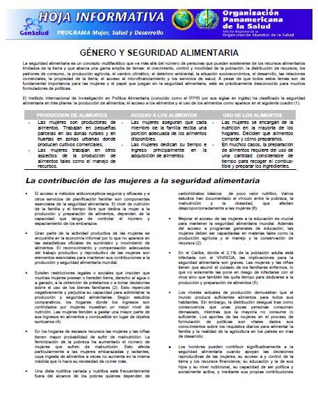 Hoja Informativa del Programa Mujer, Salud y Desarrollo: Género y Seguridad Alimentaria