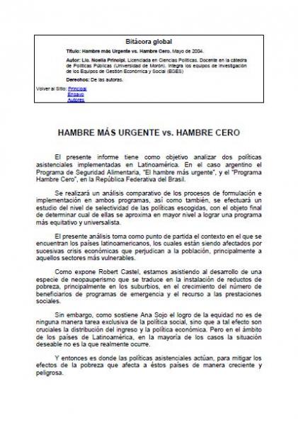 Hambre más Urgente vs. Hambre Cero