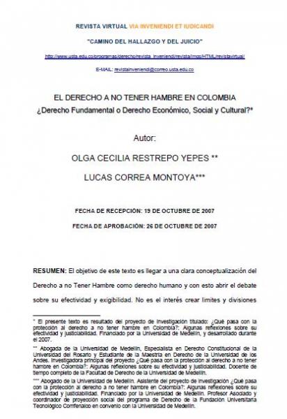 El Derecho a no tener hambre en Colombia: ¿Derecho Fundamental o Derecho Económico, Social y Cultural?