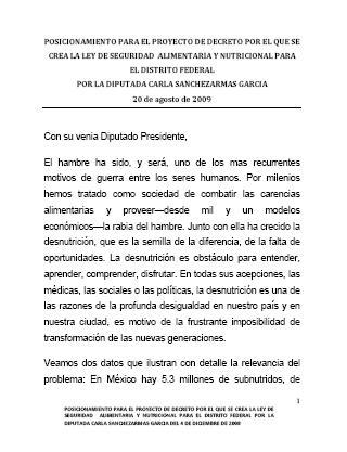 Posicionamiento para el Proyecto de Decreto por el que se crea la Ley de Seguridad Alimentaria y Nutricional para el Distrito Federal