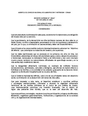 Decreto Supremo N° 28667. Modifica el Consejo Nacional de Alimentación y Nutrición – CONAN