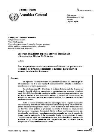 Adquisiciones y arrendamientos de tierra a gran escala: una serie de principios y medidas mínimos para abordar el reto de los derechos humanos