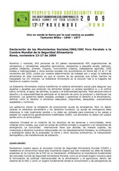 Declaración de los Movimientos Sociales/ONG/OSC. Foro Paralelo a la Cumbre Mundial de la Seguridad Alimentaria Roma, 2009.