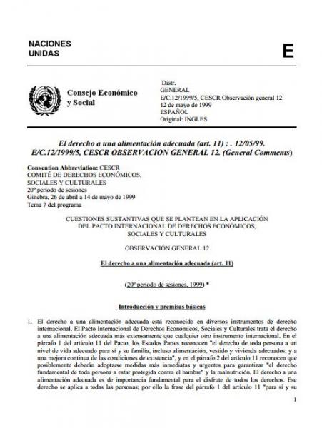 Observación General 12: El Derecho a una Alimentación Adecuada.