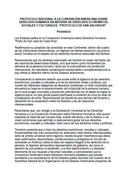 Protocolo de San Salvador: Protocolo Adicional a la Convención Americana sobre Derechos Humanos en materia de Derechos Económicos, Sociales y Culturales.