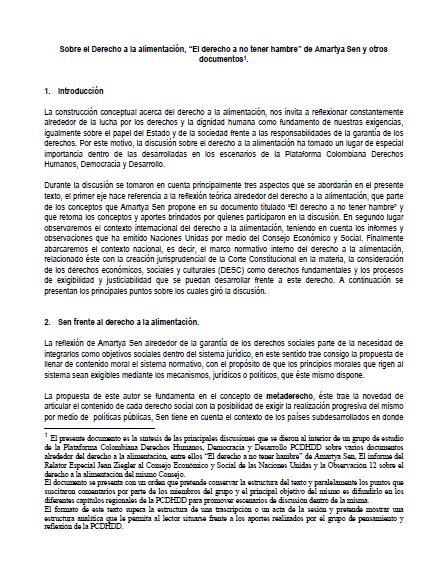 Sobre el Derecho a la alimentación, “El derecho a no tener hambre” de Amartya Sen y otros documentos