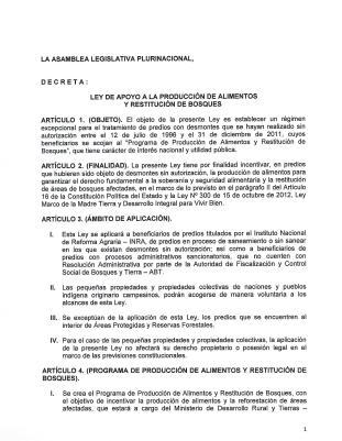 Ley de Apoyo a la Producción de Alimentos y Restitución de Bosques