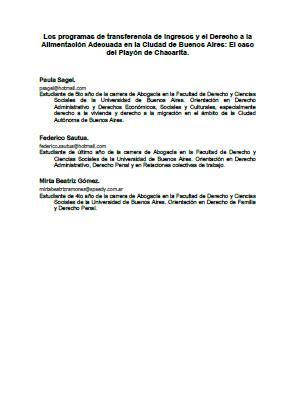 Los programas de transferencia de ingresos y el Derecho a la Alimentación Adecuada en la Ciudad de Buenos Aires: El caso del Playón de Chacarita