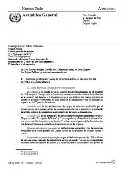 Informe preliminar sobre la discriminación en el contexto del derecho a la alimentación