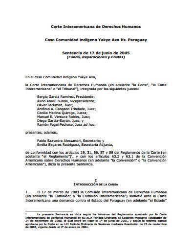 Caso Comunidad indígena Yakye Axa Vs. Paraguay. Sentencia de 17 de junio de 2005
