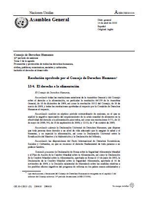 El derecho a la alimentación. Resolución aprobada por el Consejo de Derechos Humanos.