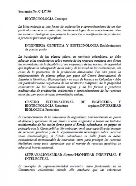 Sentencia No. C-137/96 “Biotecnología”